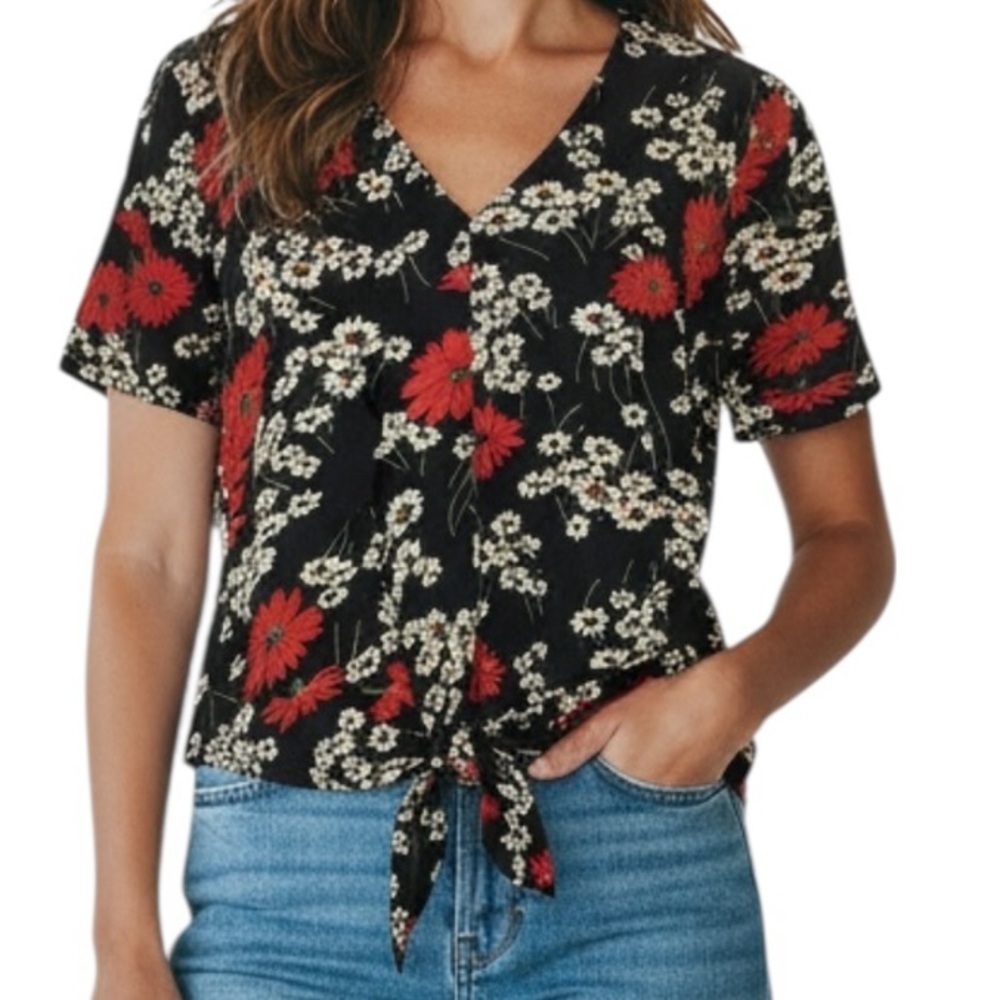 NWT MADEWELL Dark Navy Floral Short Sleeve Tie Front V-Neck Blouse Size Small